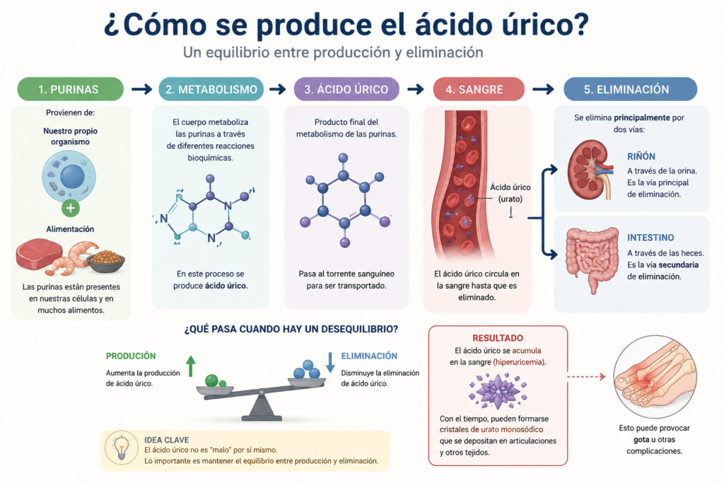 Ácido úrico: más allá de la gota Esquema del metabolismo de las purinas, producción de ácido úrico y eliminación por riñón e intestino